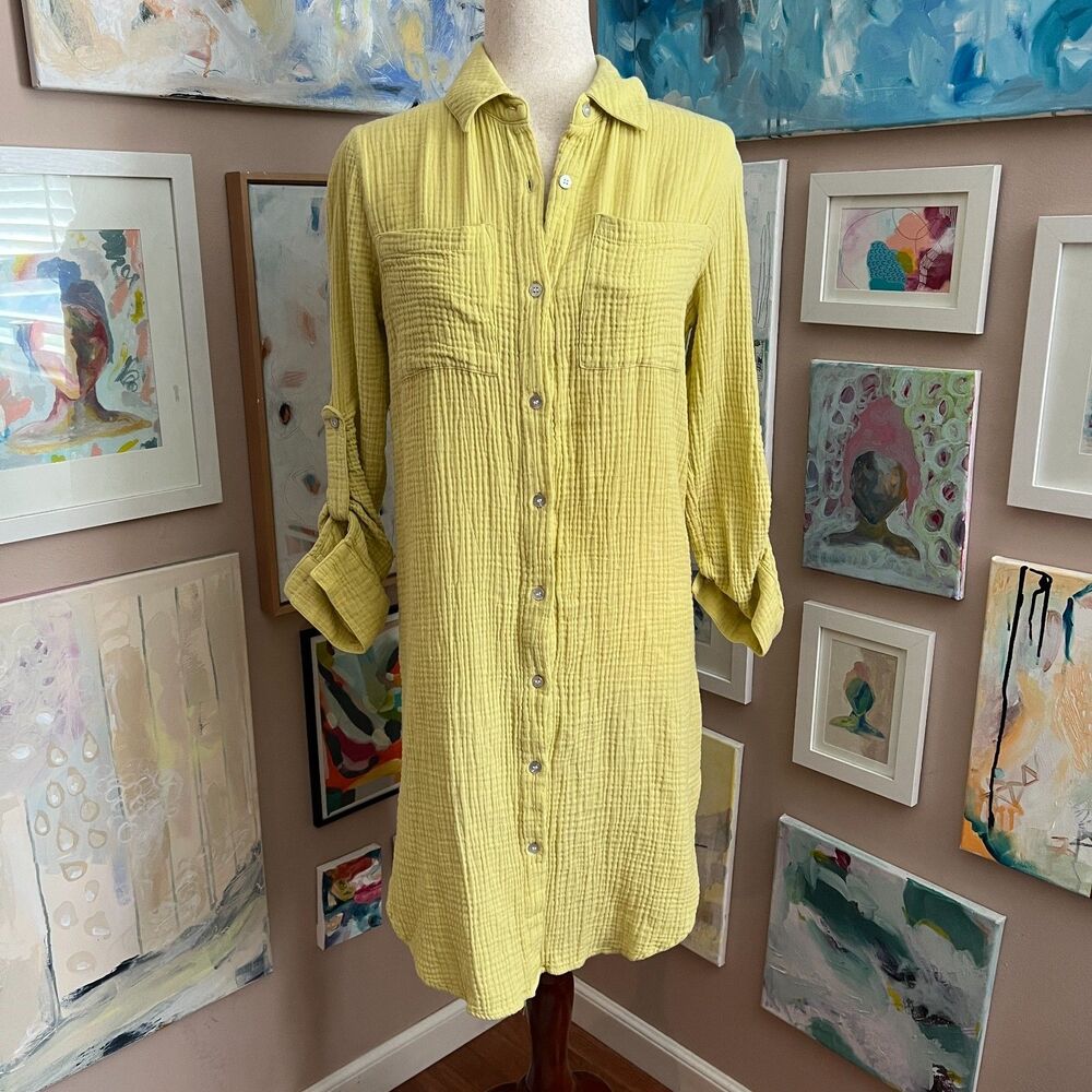Magaschoni Yellow Chartreuse Gauze Shirt Dress Organic Cotton Resort Size S